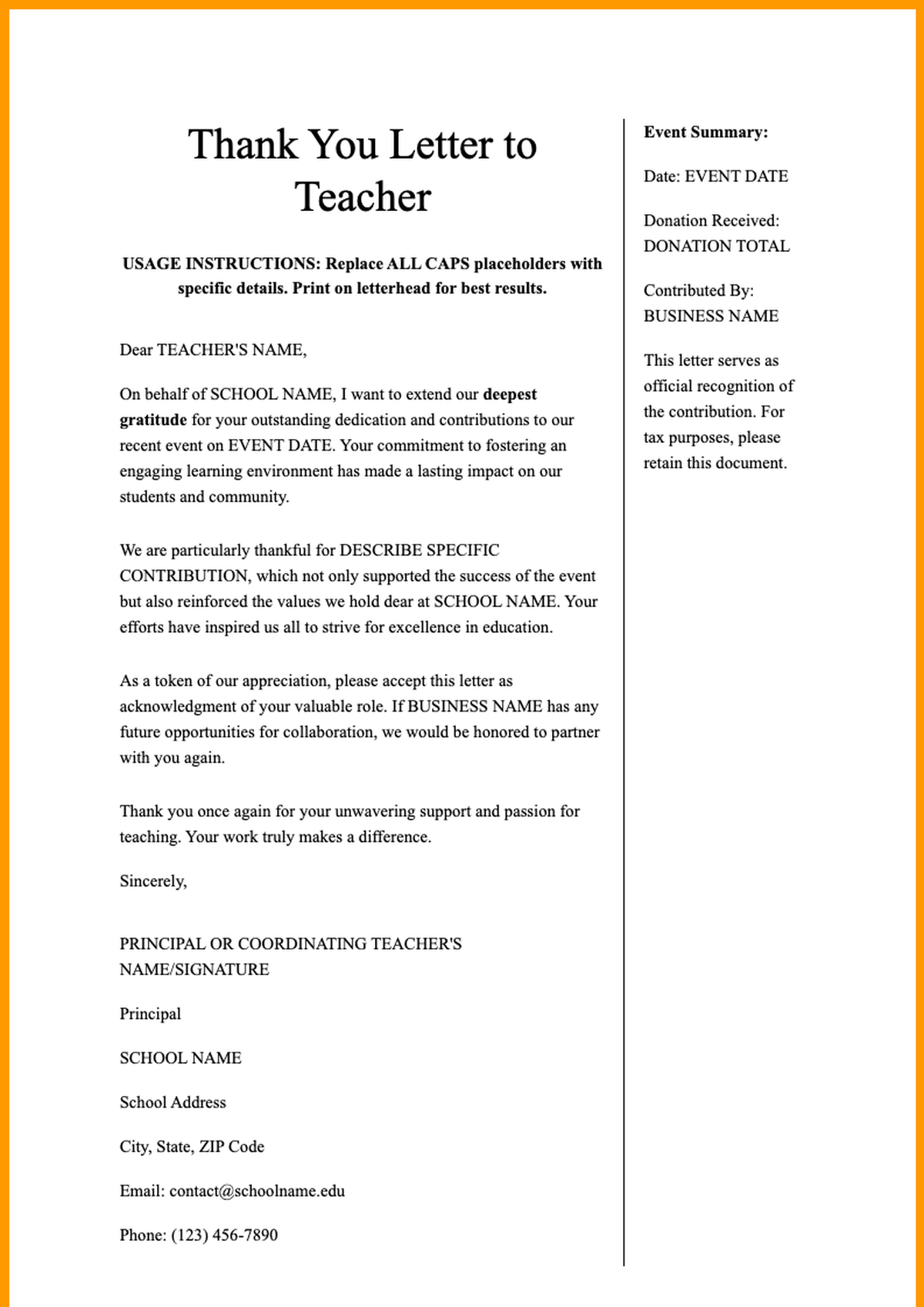 Sample thank you letter for event sponsors and volunteers with donation details_variant_2